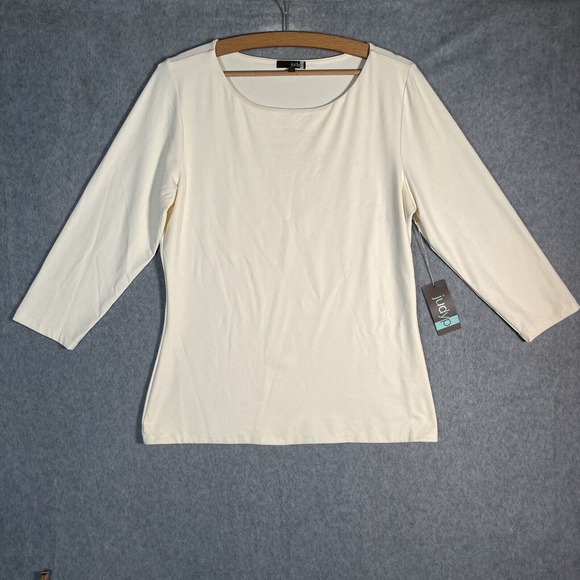 JudyP Sabrina Top womens Larg Beige Pearl 3/4 Sleeve Stretch Shirt New - Picture 1 of 11